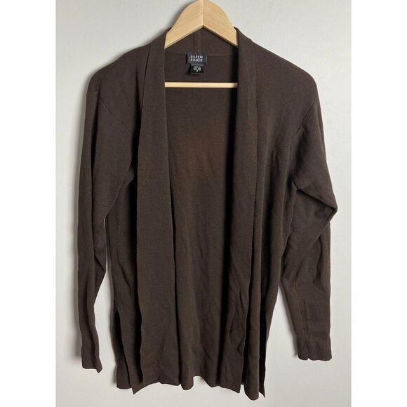 Eileen Fisher 100% Wool Cardigan Sweater Brown Open Front Minimalist Size Small - Picture 1 of 5